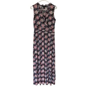 Elie McCarthy Maxi Dress Women's S Blue Pink White Floral‎ Ruffled Neck Feminine